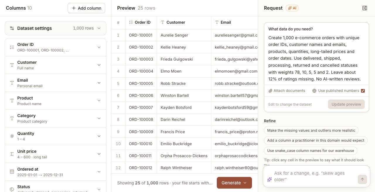 An e-commerce example open in Ground with its columns, 25-row preview and original request